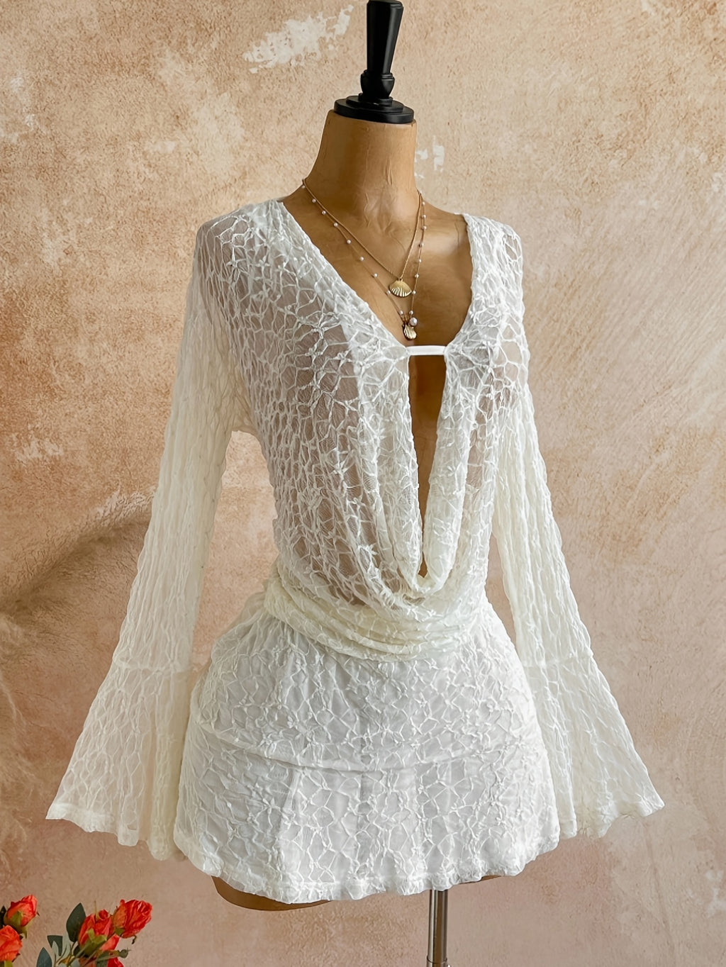 Women's White Lace V-Neck Flared Sleeve Dress
