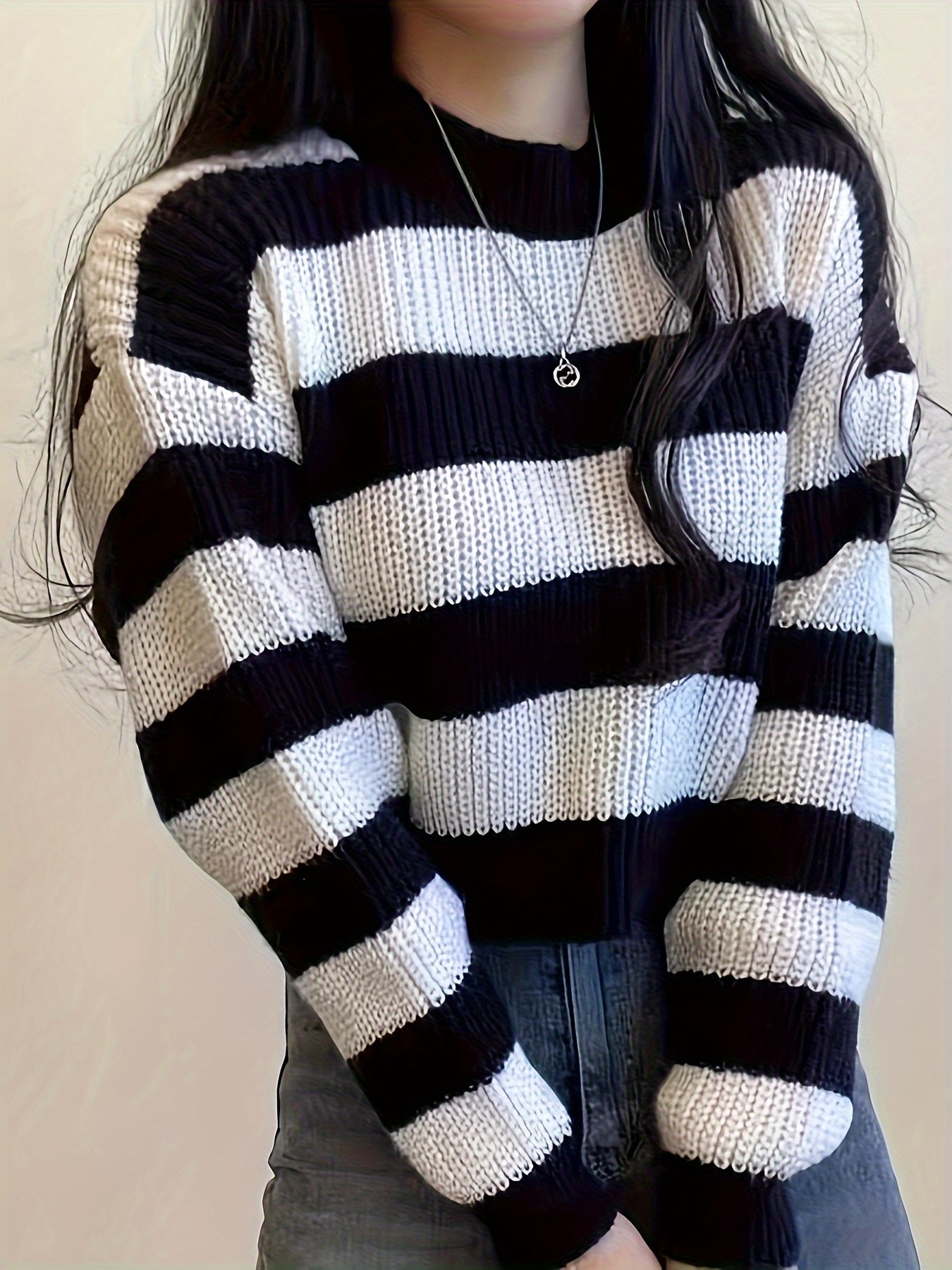 Women's Striped Loose Fit Long Sleeve Pullover Sweater