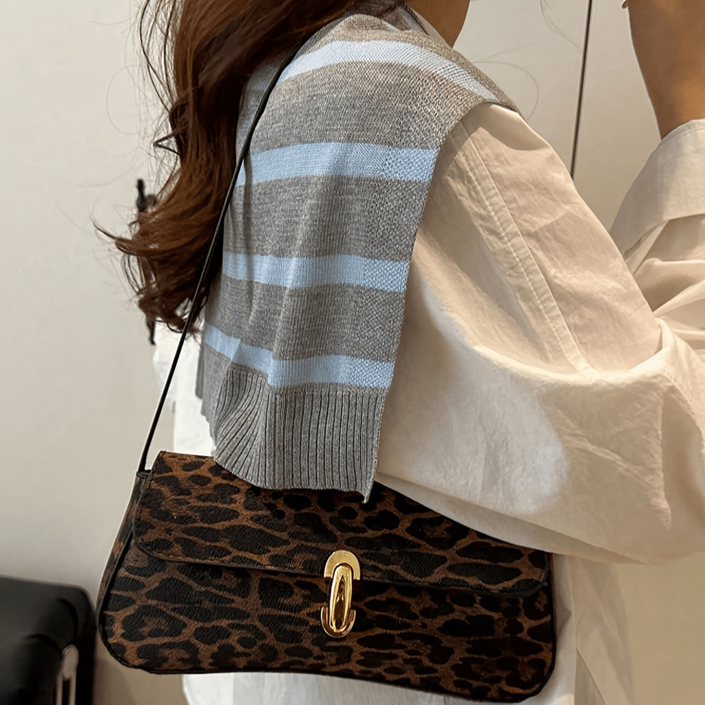 Vintage Leopard Print Women's Shoulder Bag with Premium Metal Lock, Niche Versatile Underarm Bag, Commuting and Dating Crossbody Small Square Bag