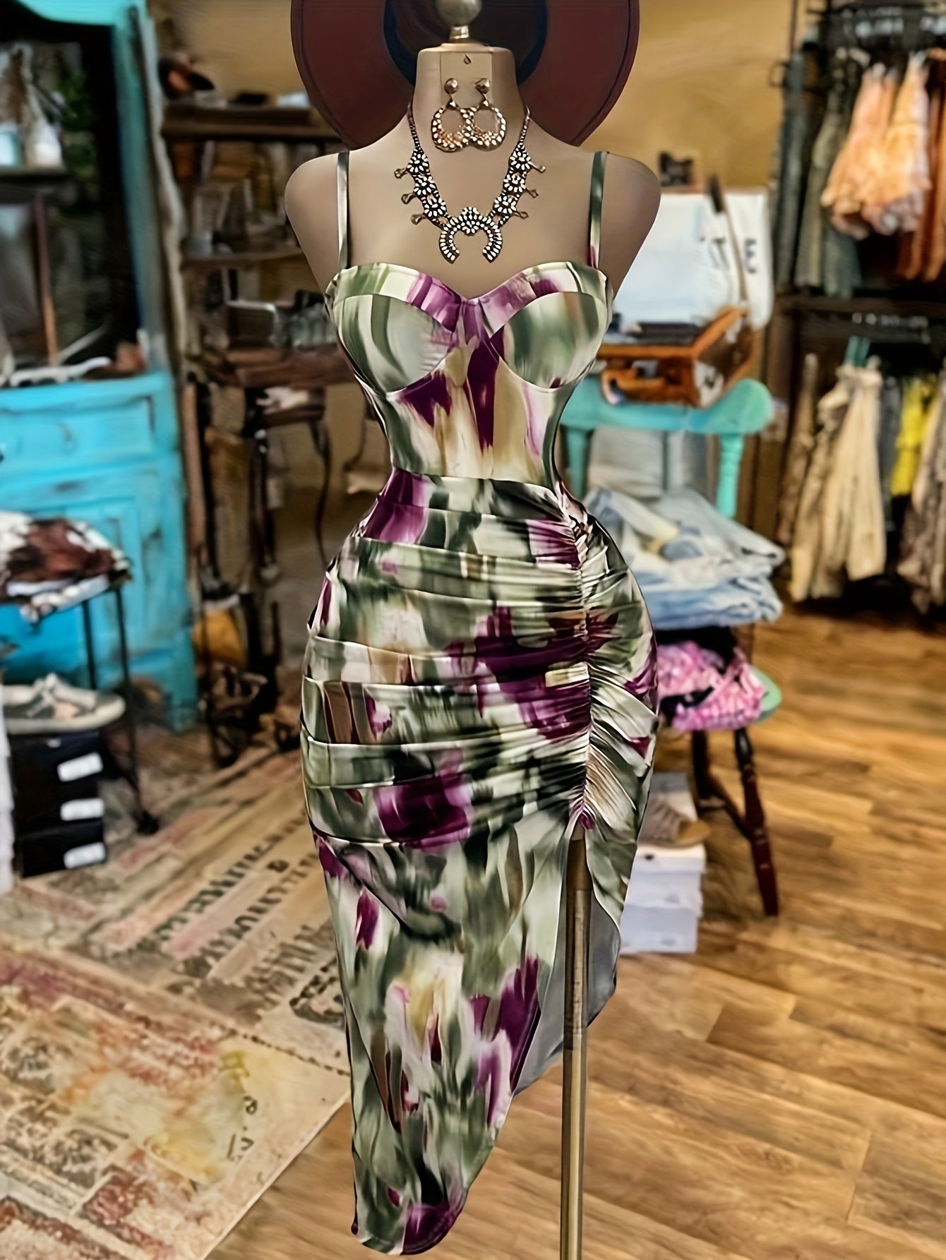 Women's Printed Irregular Ruched Cami Dress