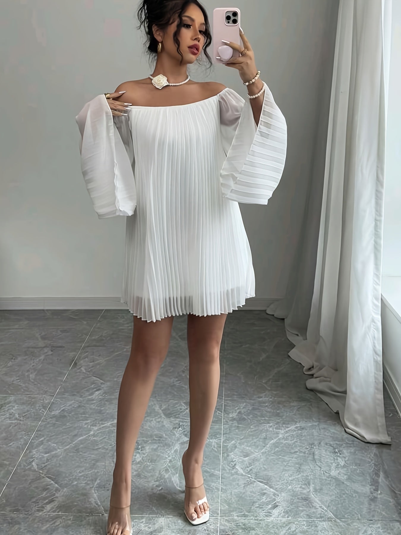 Women's Off-Shoulder Ruched Long Sleeve Chiffon Dress