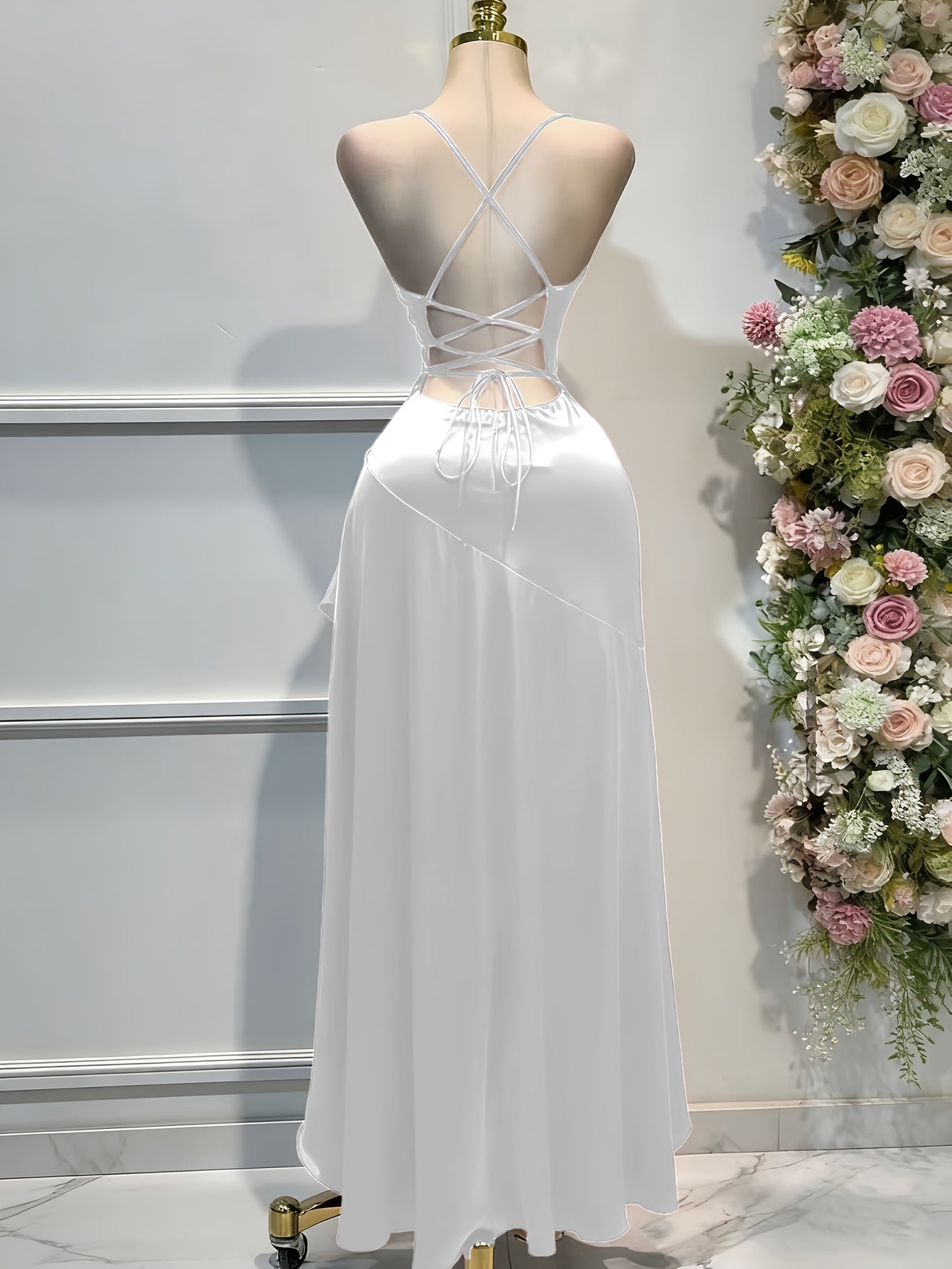 Elegant Women's Solid Color Satin Spaghetti Strap Asymmetrical Ruched Hem Open Back Tie-Waist Slit Dress for Banquet Party Wedding Bridesmaid Gown