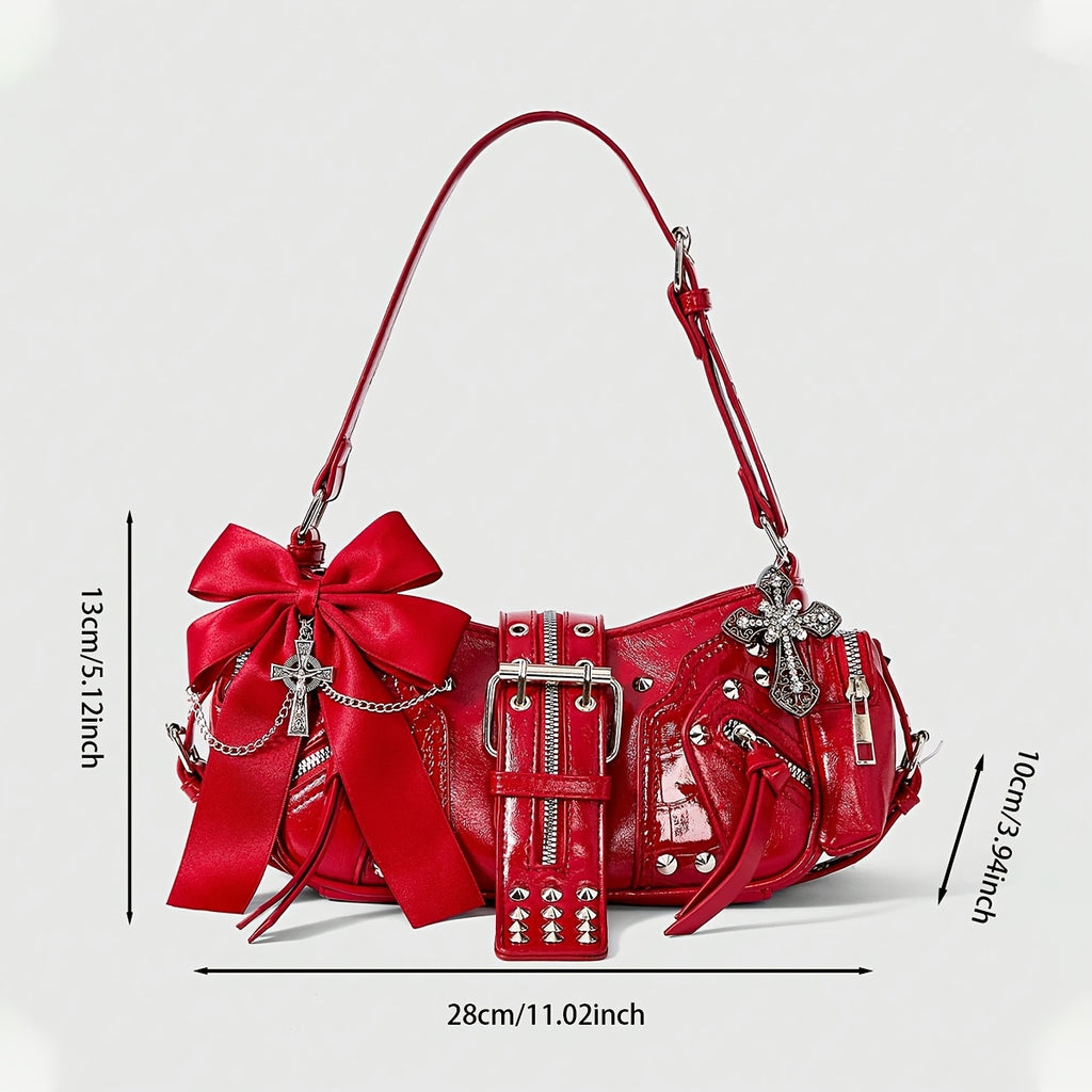 Rivet Women'S Tote Bag Y2K Steampunk Handbag Bow Red Shoulder Bag