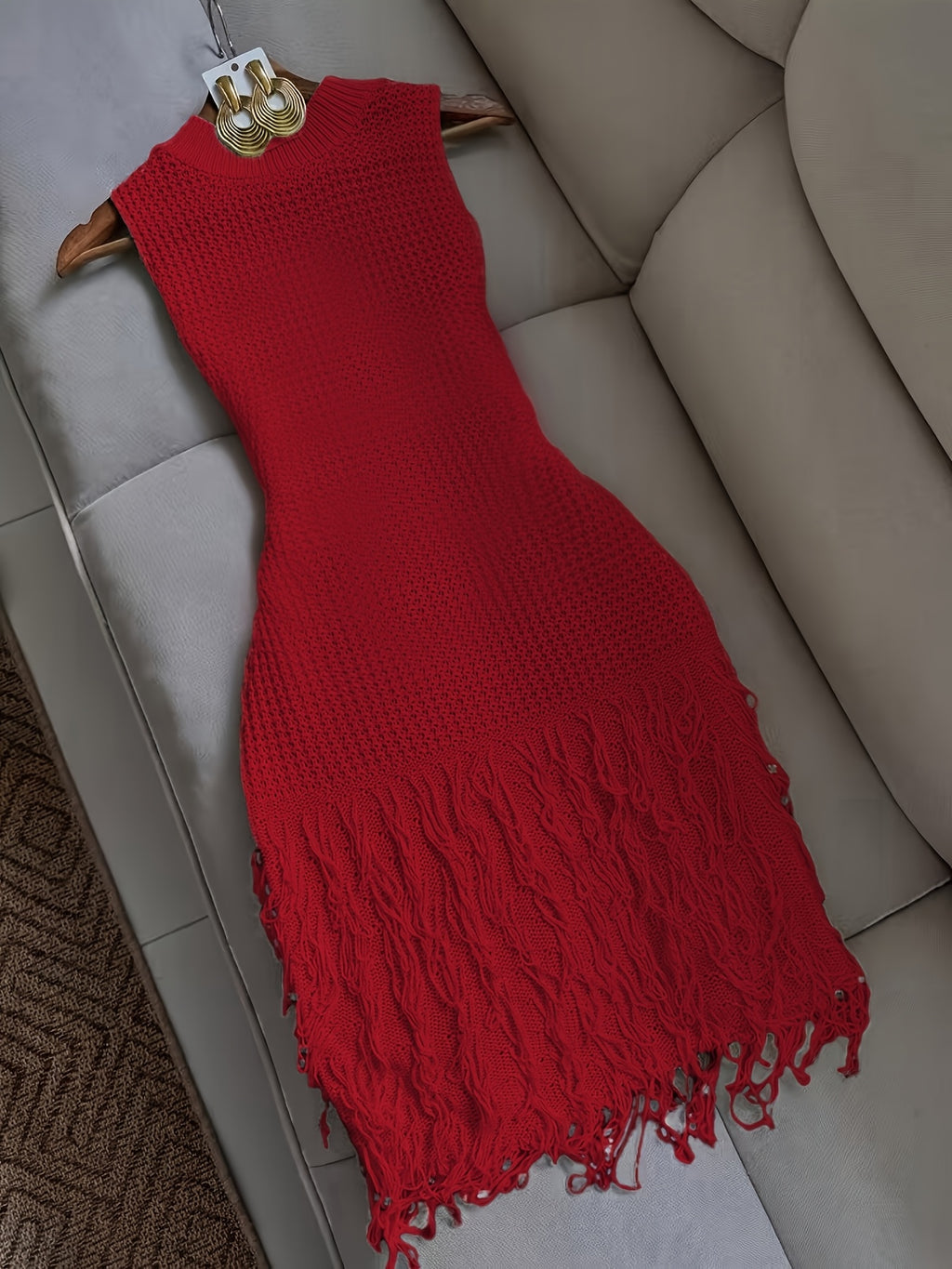 Sleeveless Fringe High-Neck Dress