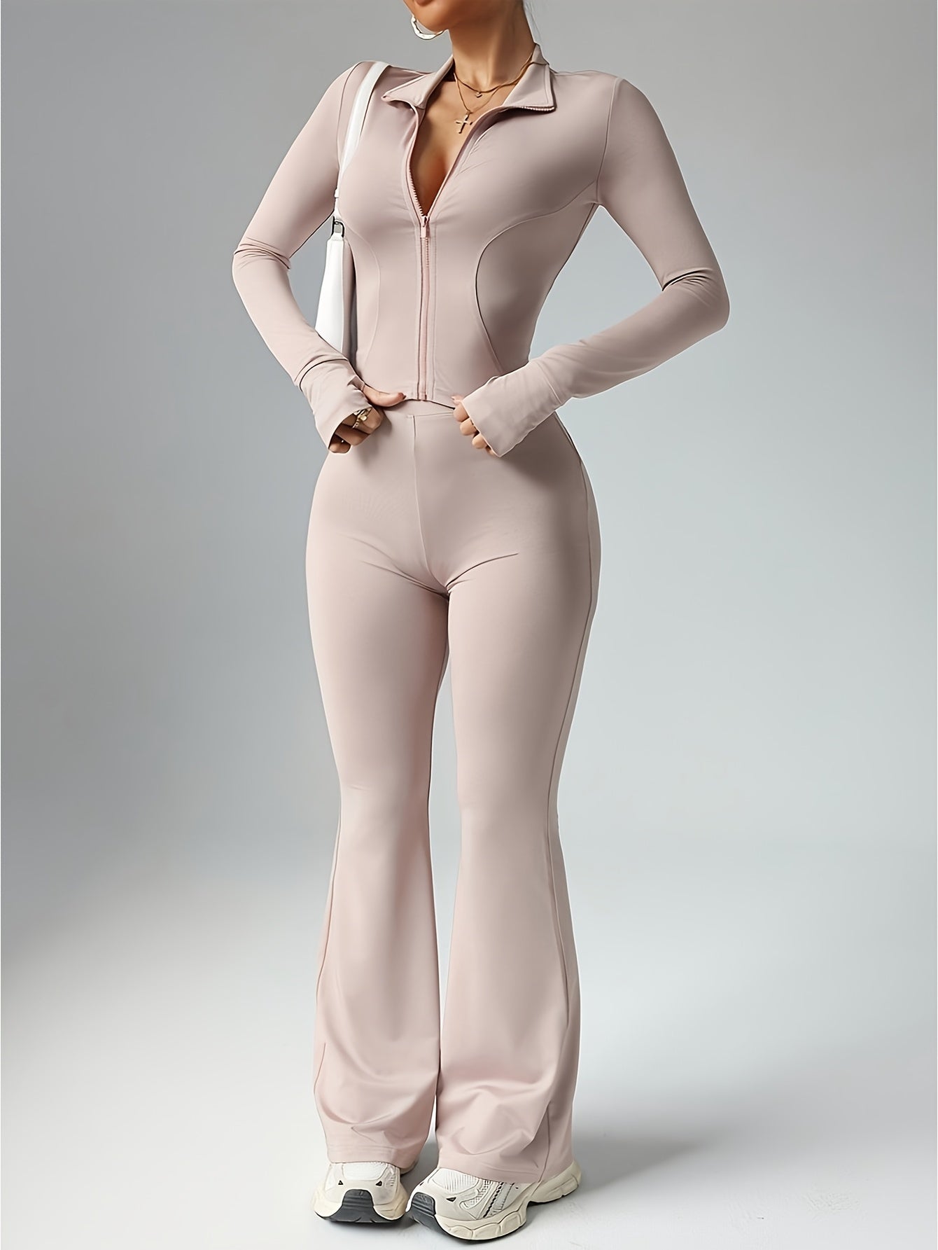 2026 Spring Summer Women's 2pcs Jacket & Flare Pants Leisure Sports Set, Zip Slim Thumb Hole Top, High Waist Tight Flare Pants, Pre-Holiday