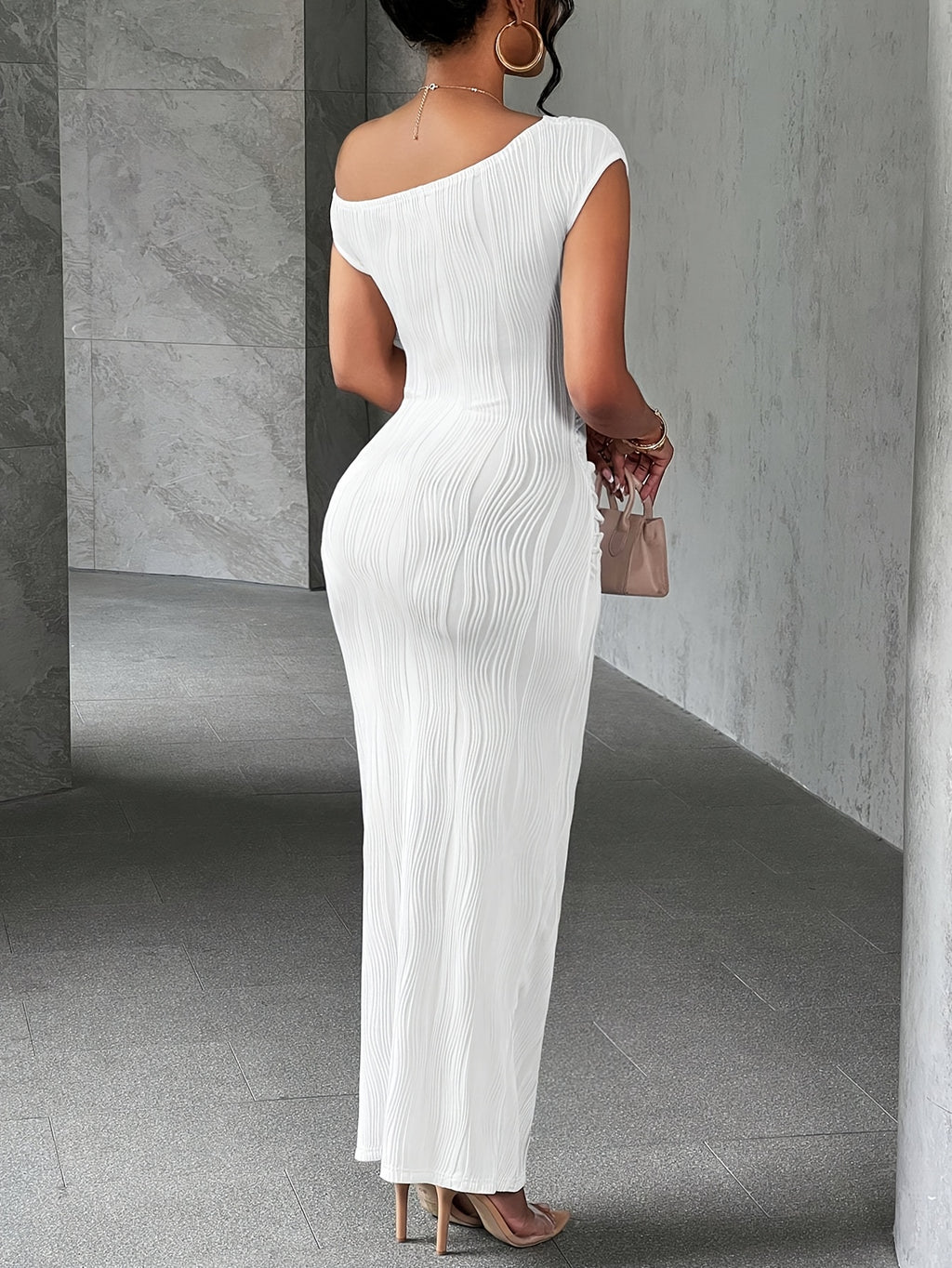 Elegant Off-Shoulder Ribbed Midi Dress for Women - Sexy Off-Shoulder, Solid Color, Short Sleeve with Straight Silhouette, No Chest Pad, for All Seasons