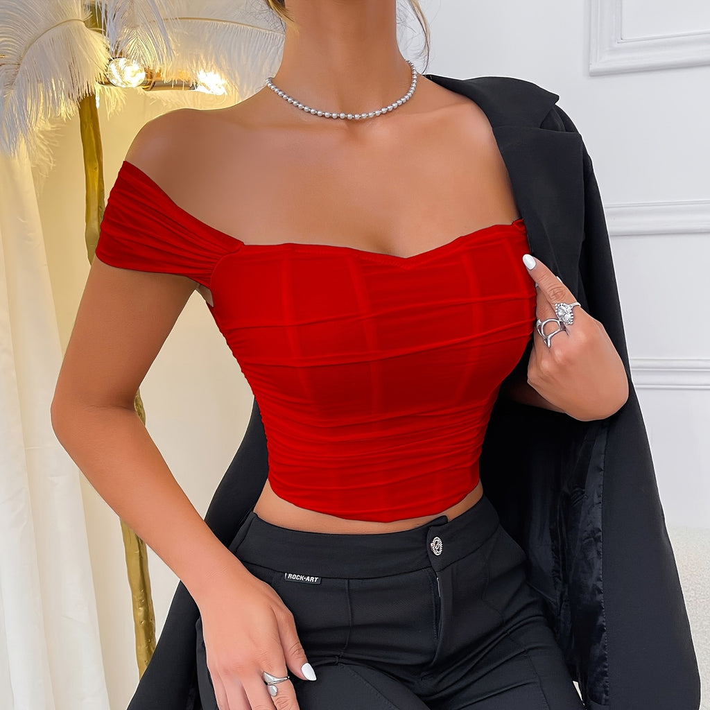 Classic Sexy Cinched Waist Mesh Off-Shoulder Bodice Top with Back Zipper Design, Short Sleeves, and Boned Fitted Construction