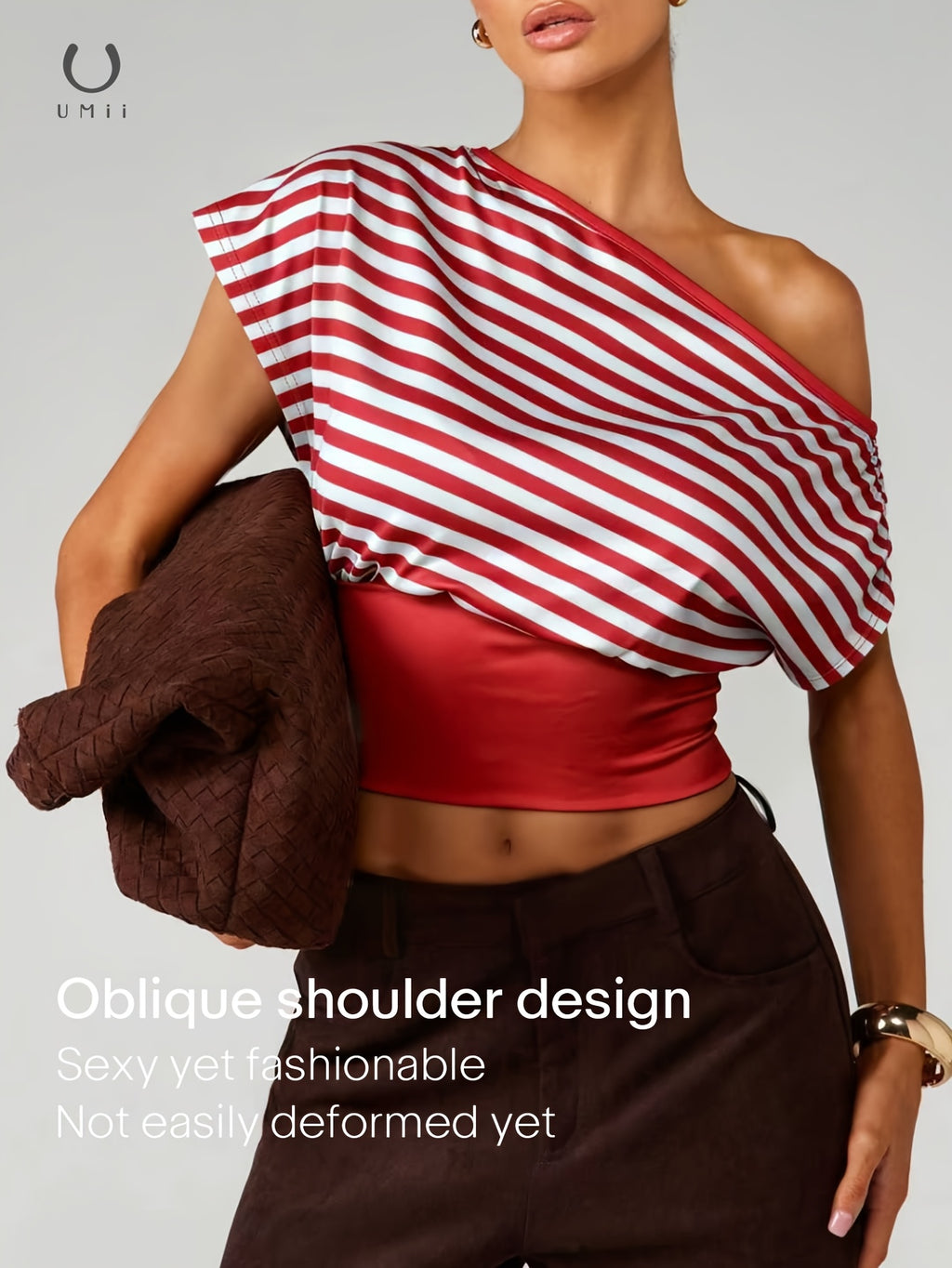 Women's Red & White Striped One-Shoulder Batwing Top