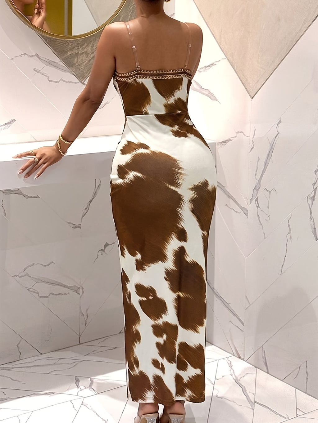 Women's Geometric V-Neck Slit Bodycon Maxi Dress