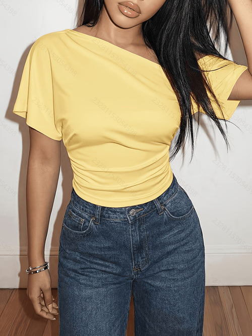 Cat Ear Elegant Directional Ladies Summer Off-The-Shoulder Solid Color Short-Sleeved T-Shirt, Casual Elegant Comfortable