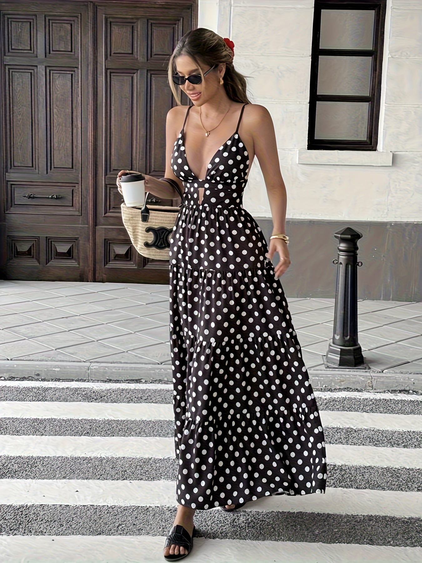 Polka Dot Spaghetti Strap Backless Dress