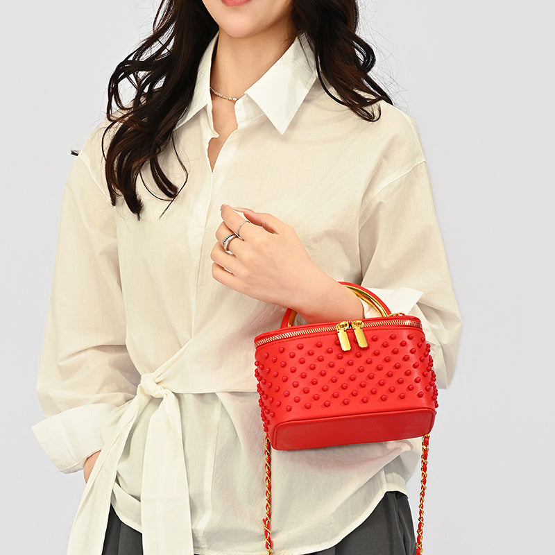 Rivet Golden Ball Chain Box Bag for Women, Versatile Handbag And Crossbody Makeup Bag