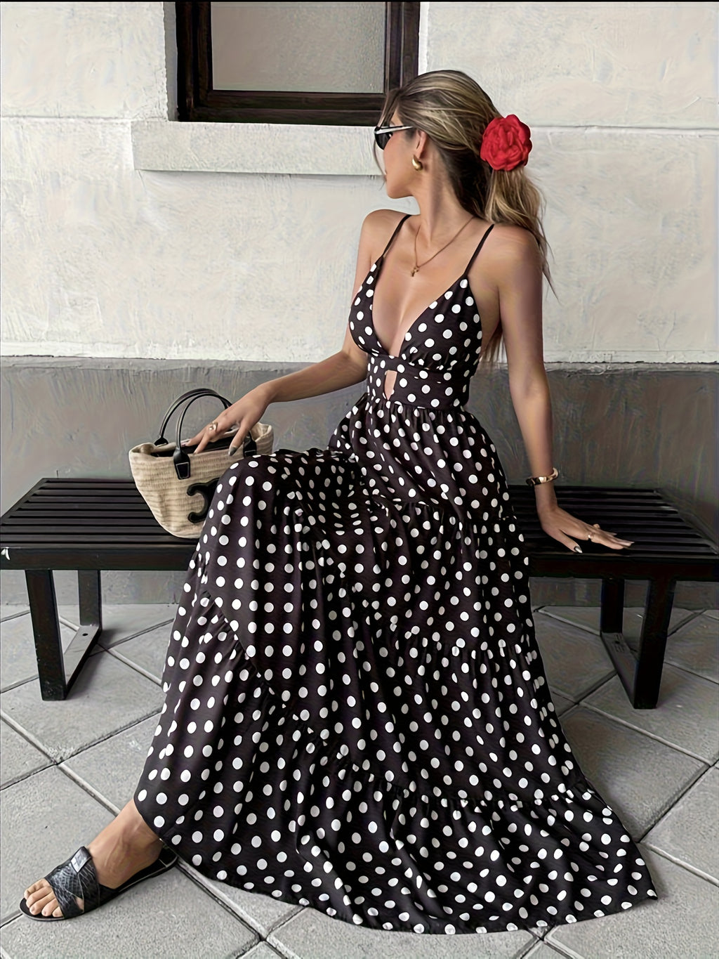 Polka Dot Spaghetti Strap Backless Dress