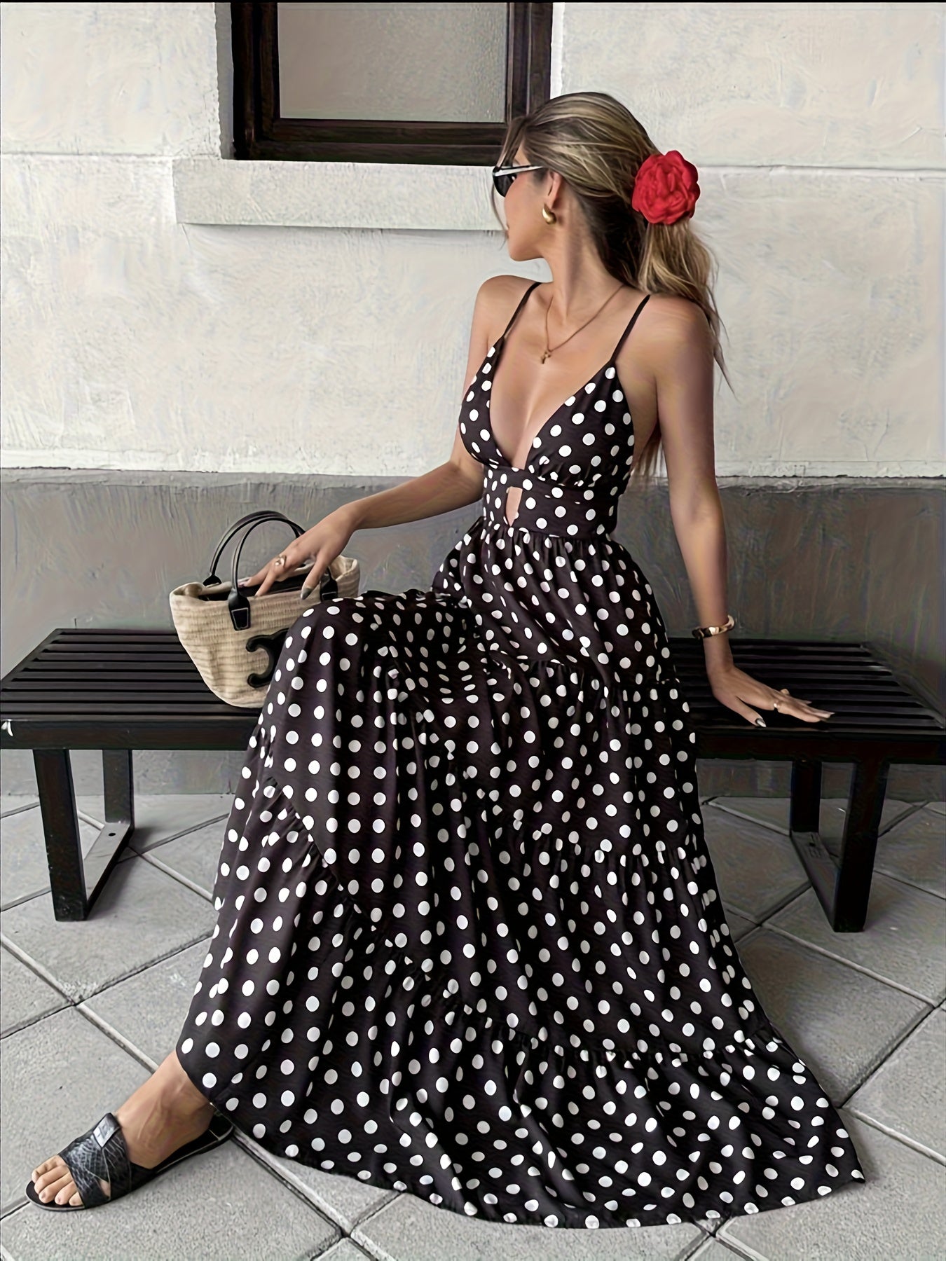 Polka Dot Spaghetti Strap Backless Dress