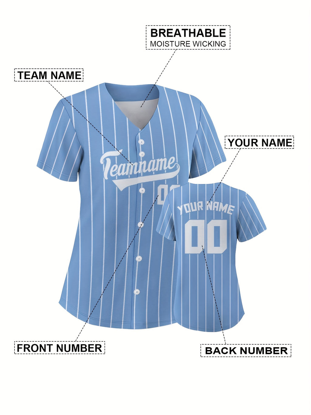 Women'S Custom Baseball Jersey, Light Blue Striped V-Neck Button Baseball Uniform, Personalized Short-Sleeve Baseball Jersey with Custom Numbers And Names, Suitable for Sports Team Training, Casual Daily Wear