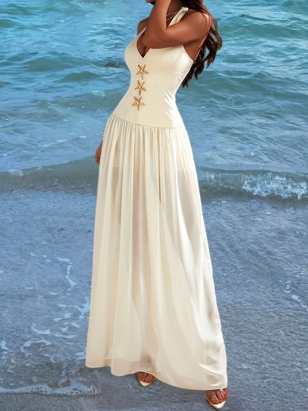 Women's Star Print Plunge Neck Beach Dress