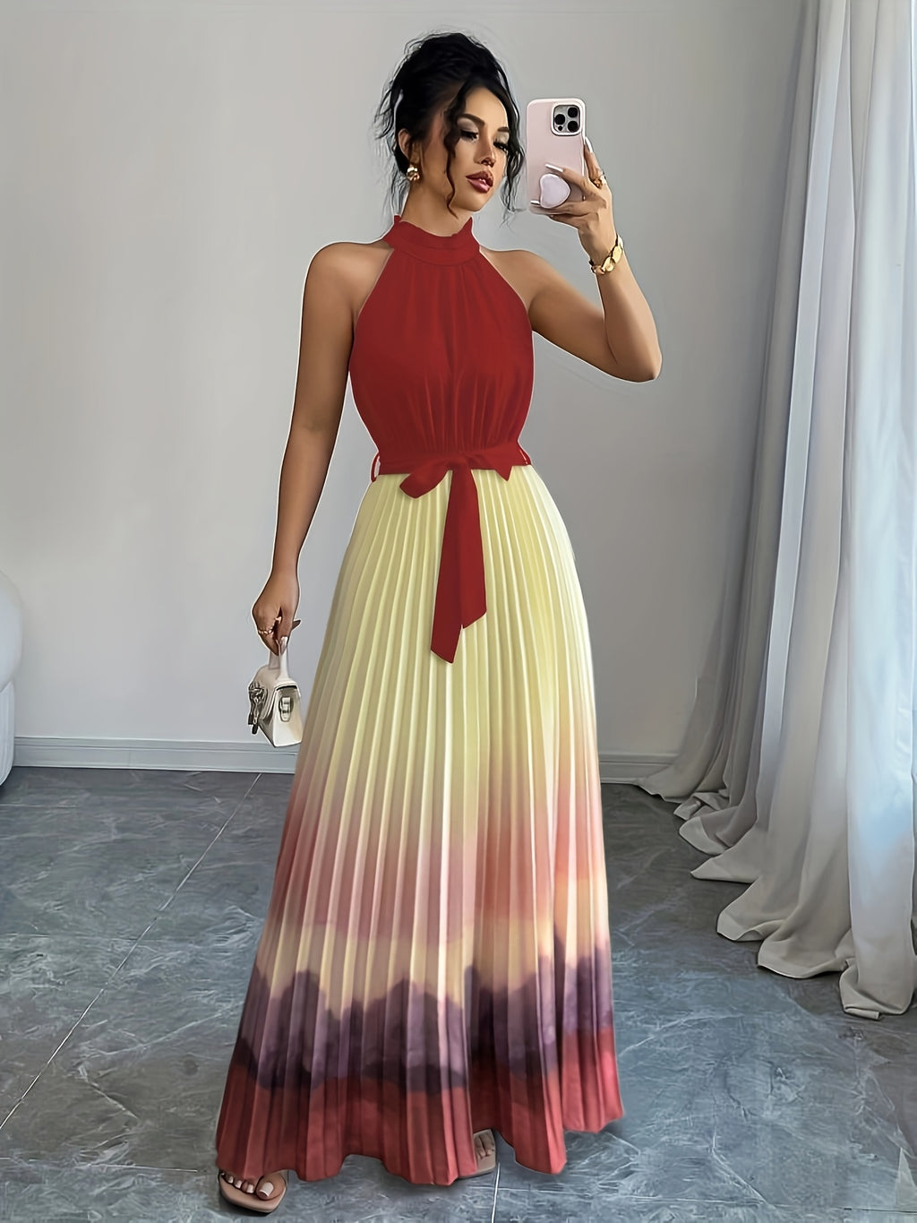 Ruffled Gradient Pleated Maxi Dress