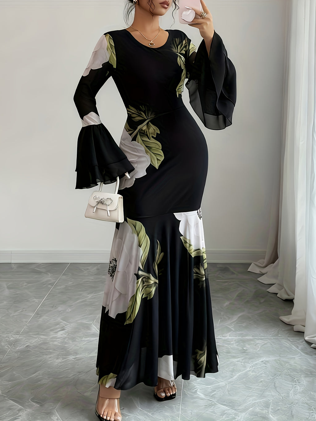 Floral Mesh Fishtail Dress