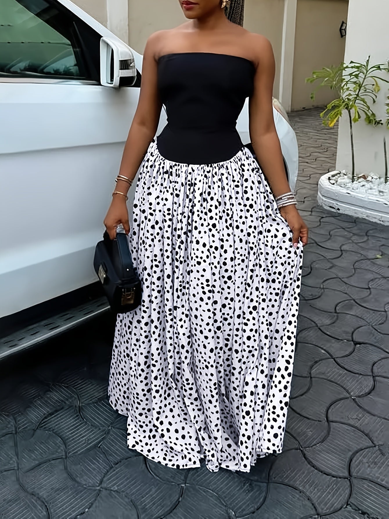 Black Strapless Polka Dot Print Long Dress Women'S Summer French Retro Elegant High Waist Drape, Suitable for Daily Wear, Commuting, Going Out, Traveling, Parties, Vacations, Music Festivals And Other Occasions