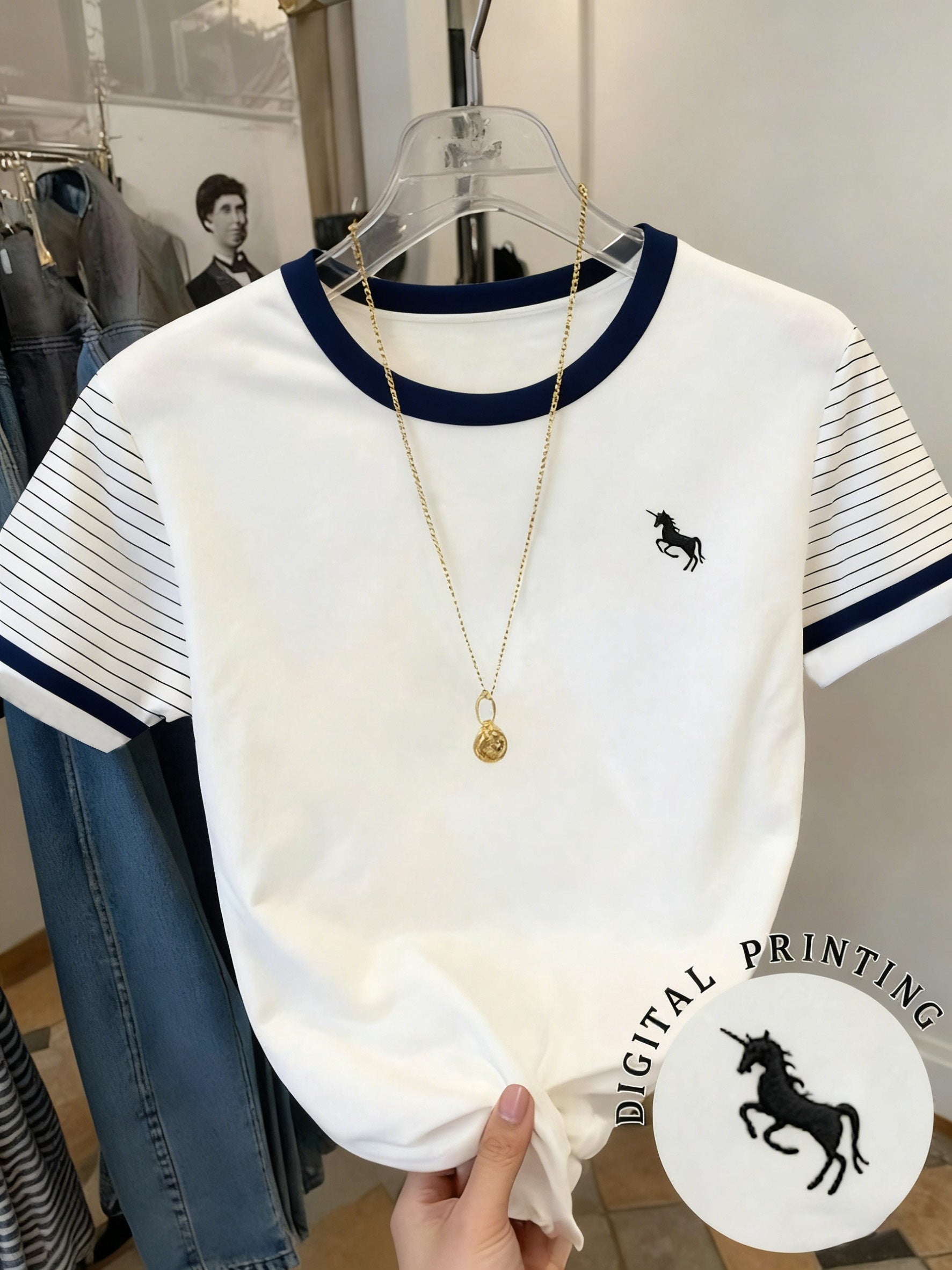Women's Retro Striped Embroidered Round Neck Casual Top