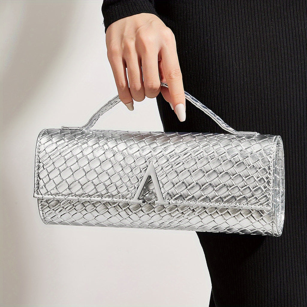Solid Elegant Woven Printed Women'S Evening Bag, with Sparkling Hardware Embellishments, Self-Contained Handle, And Removable Long Chain, Handheld And Crossbody, Multifunctional Evening Bag, Suitable for Various Evening Occasions