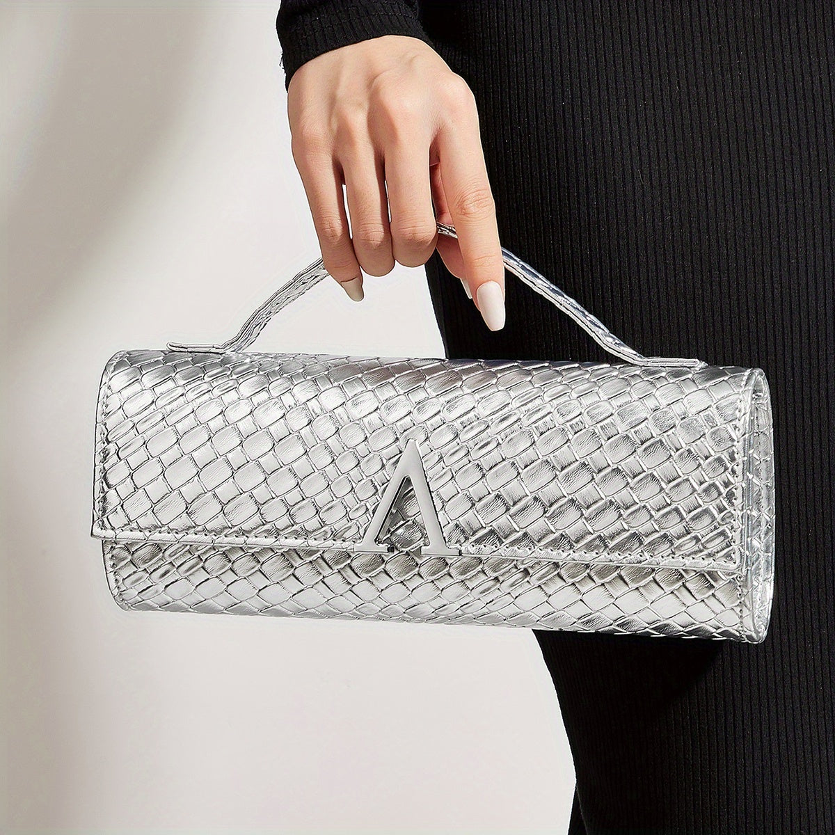 Solid Elegant Woven Printed Women'S Evening Bag, with Sparkling Hardware Embellishments, Self-Contained Handle, And Removable Long Chain, Handheld And Crossbody, Multifunctional Evening Bag, Suitable for Various Evening Occasions