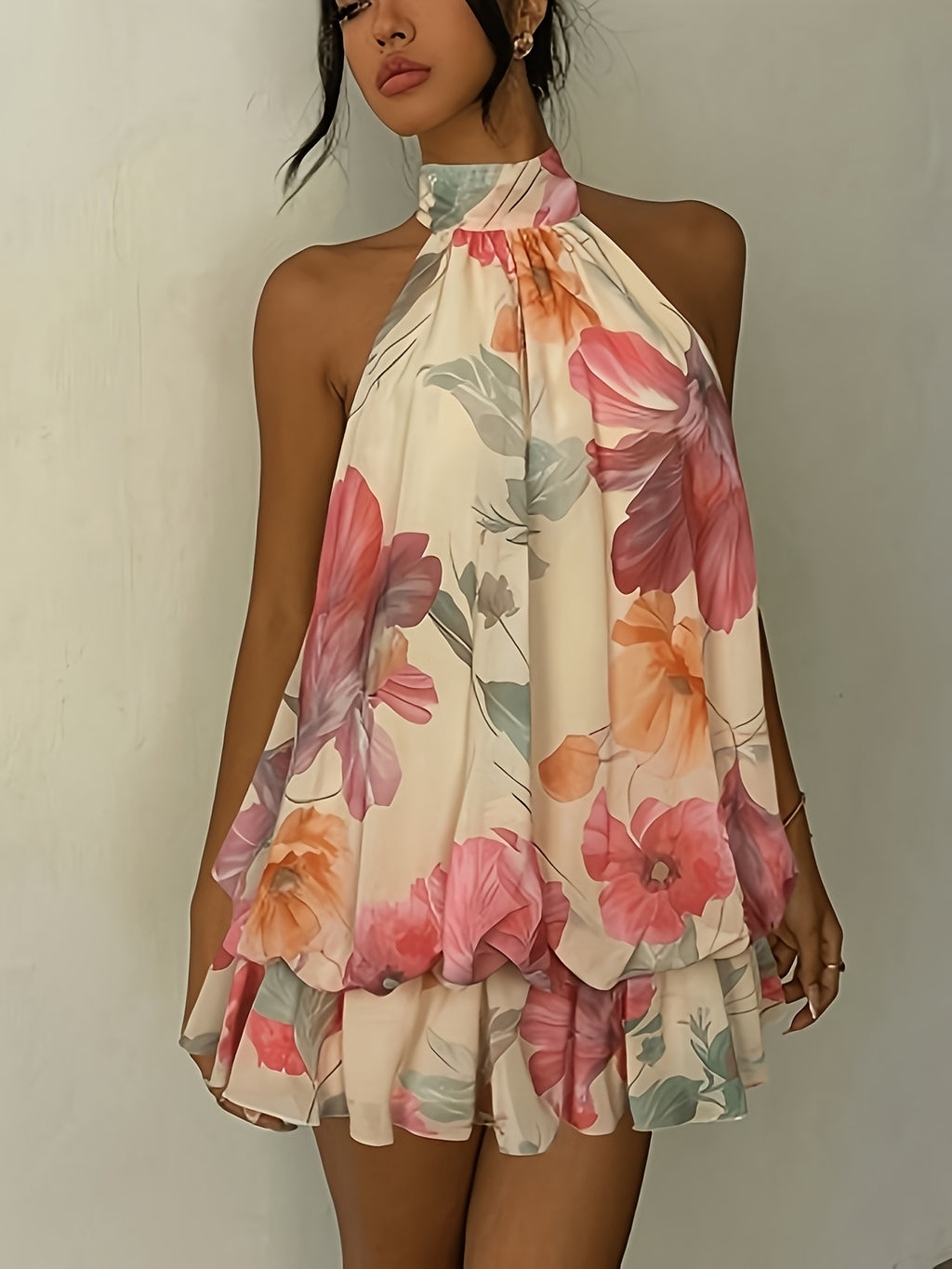 Women's Light Yellow Backless Tie-Neck Floral Mini Dress