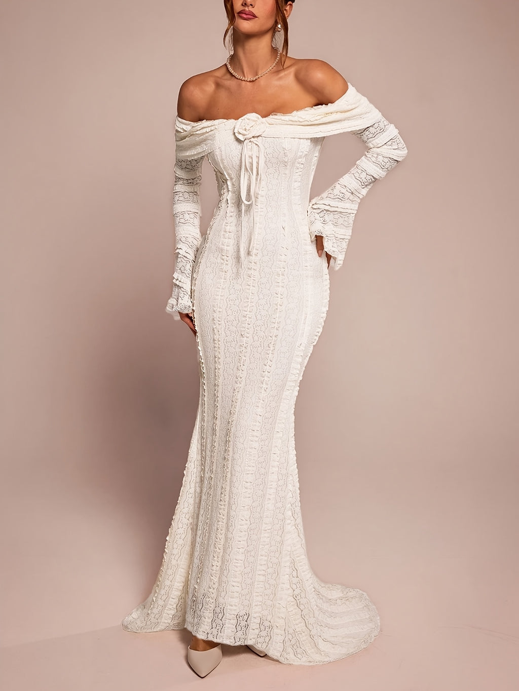 European Women's Fashion Cold Shoulder Tea Break Dress, Sweet and Elegant Off-Shoulder Long Sleeve Date Wear, 3D Floral Lace Gown, Suitable for Valentine's Day, Wedding Season, Parties and Evening Events