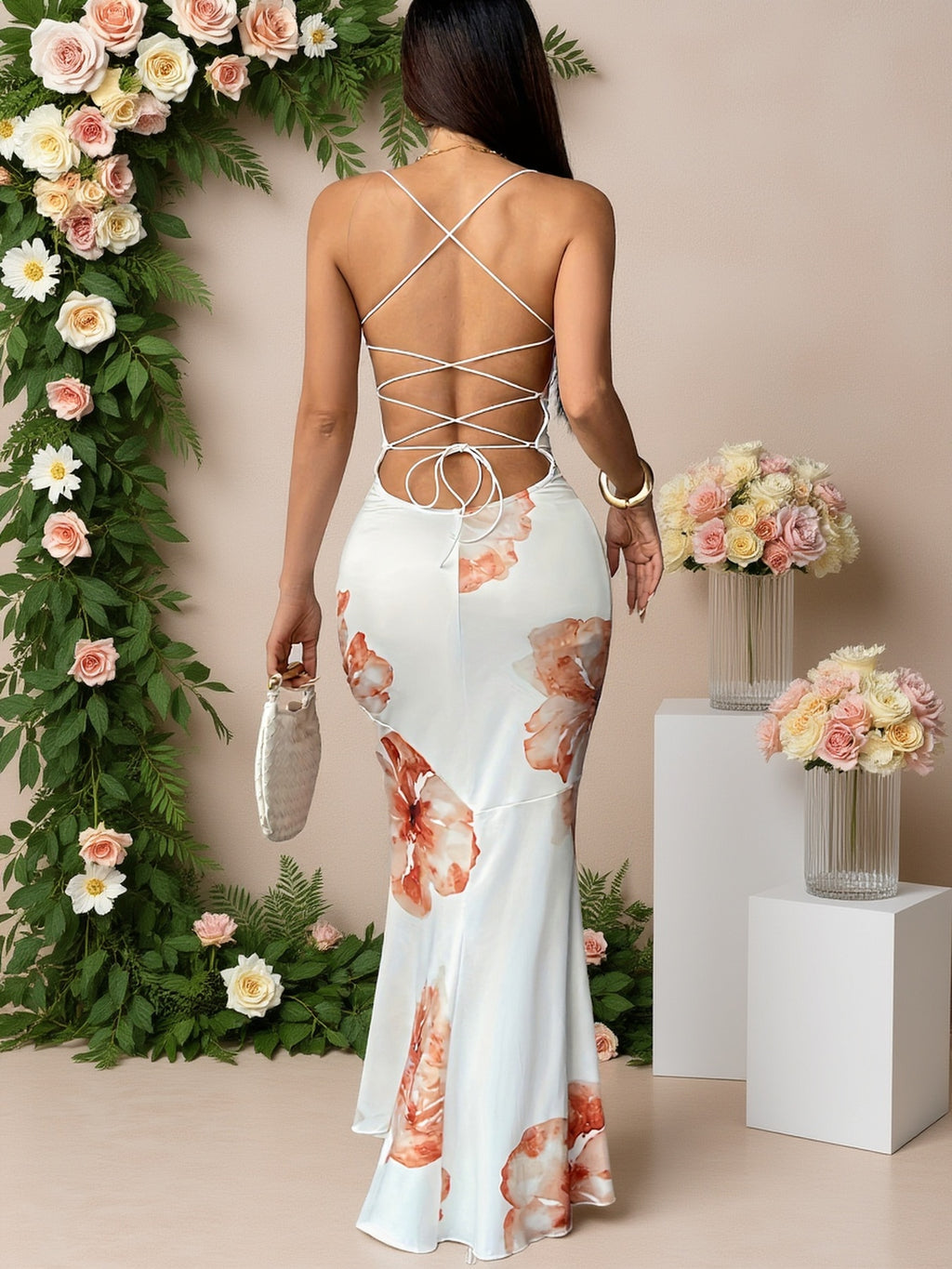 AD332 New Stylish Suspender Hot Sexy Backless Dress Printed Vacation Slim Fit Long Dress