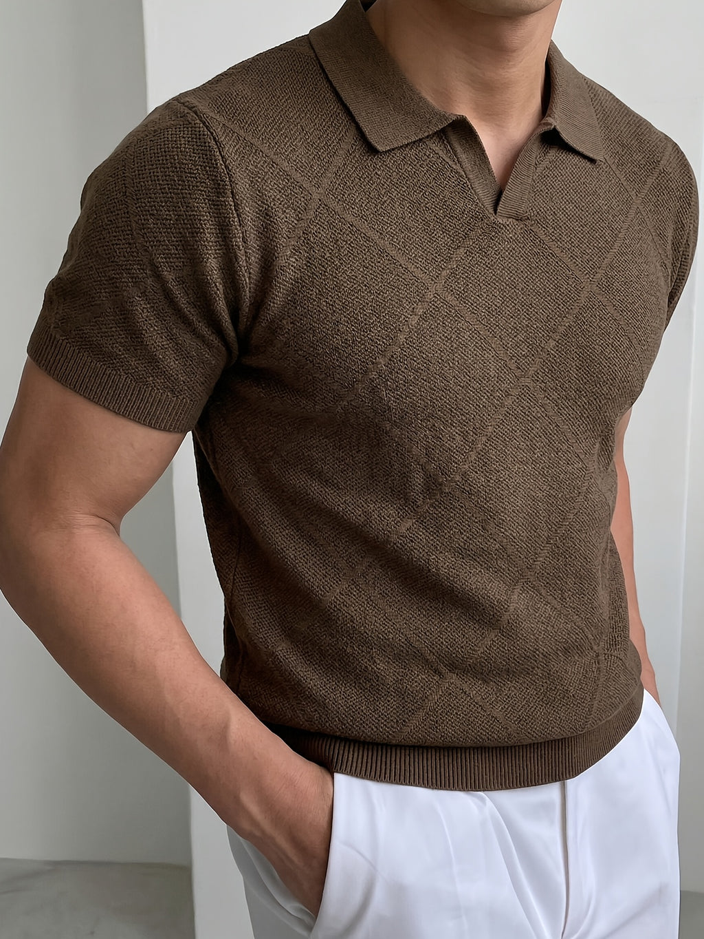 Men's Summer Vintage Rhombus Knit Shirt, Vacation Casual Style Slim Fit Lapel Short Sleeve Sweater, Business Casual Commuter Knit Shirt, a Satisfying Choice for Men