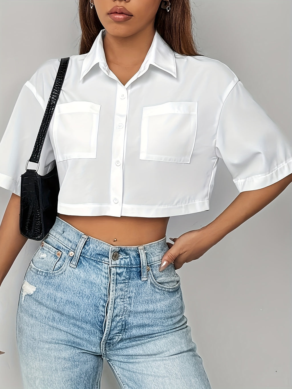 Women's Short Solid Color Pocket Shirt