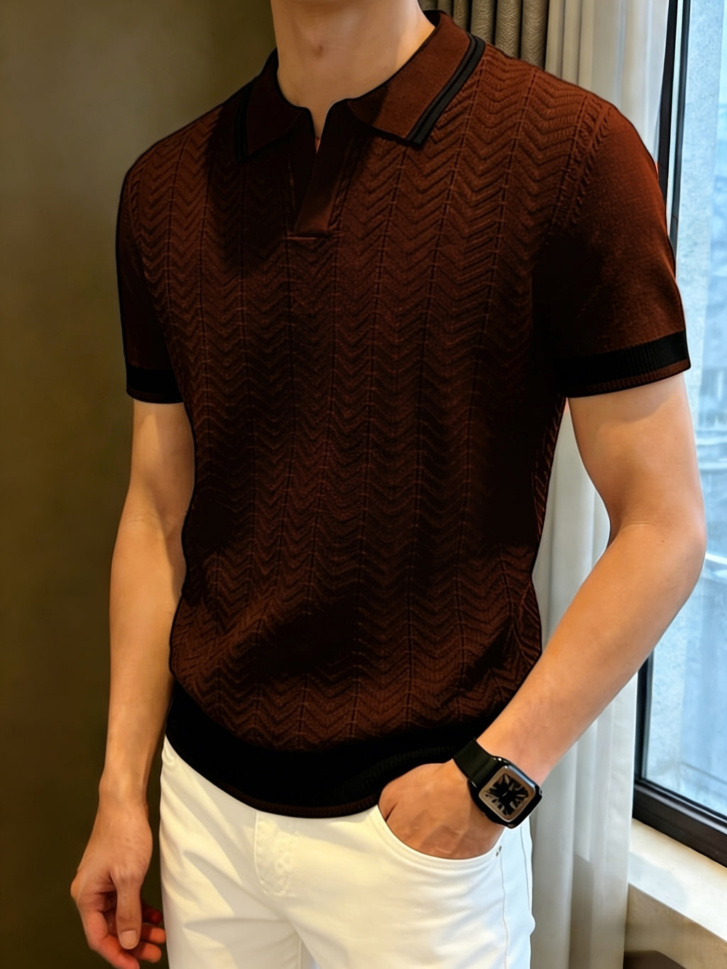 Men's Contrast Colour Knit Polo Shirt
