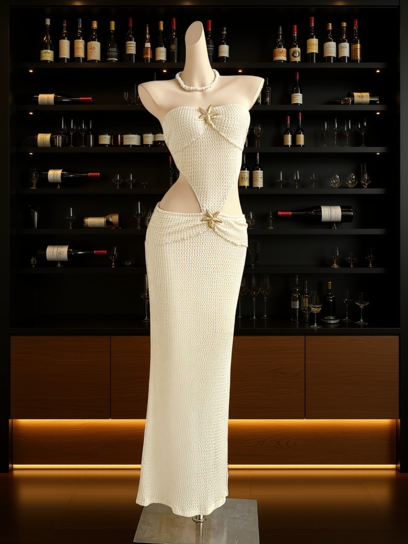 Beach Metal Shell Decoration Vacation White High-Waisted Hollow Jacquard Elastic Mermaid Dress